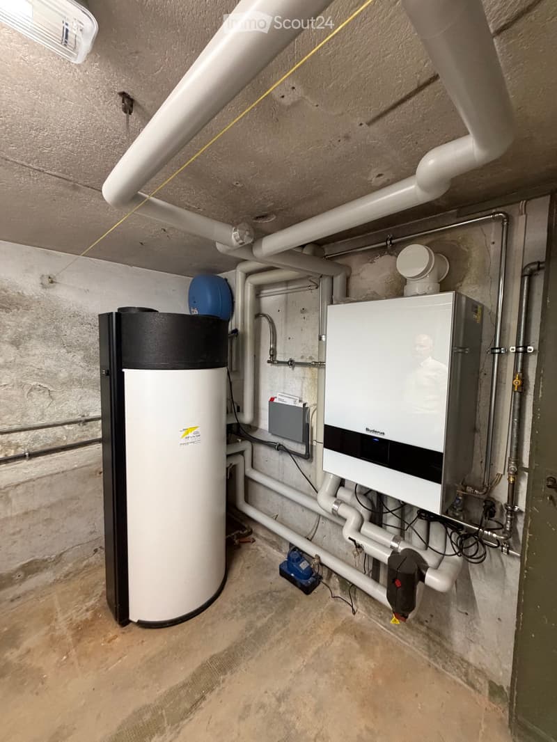 Utility room with a water heater, boiler, and various pipes connected to the ceiling and walls.