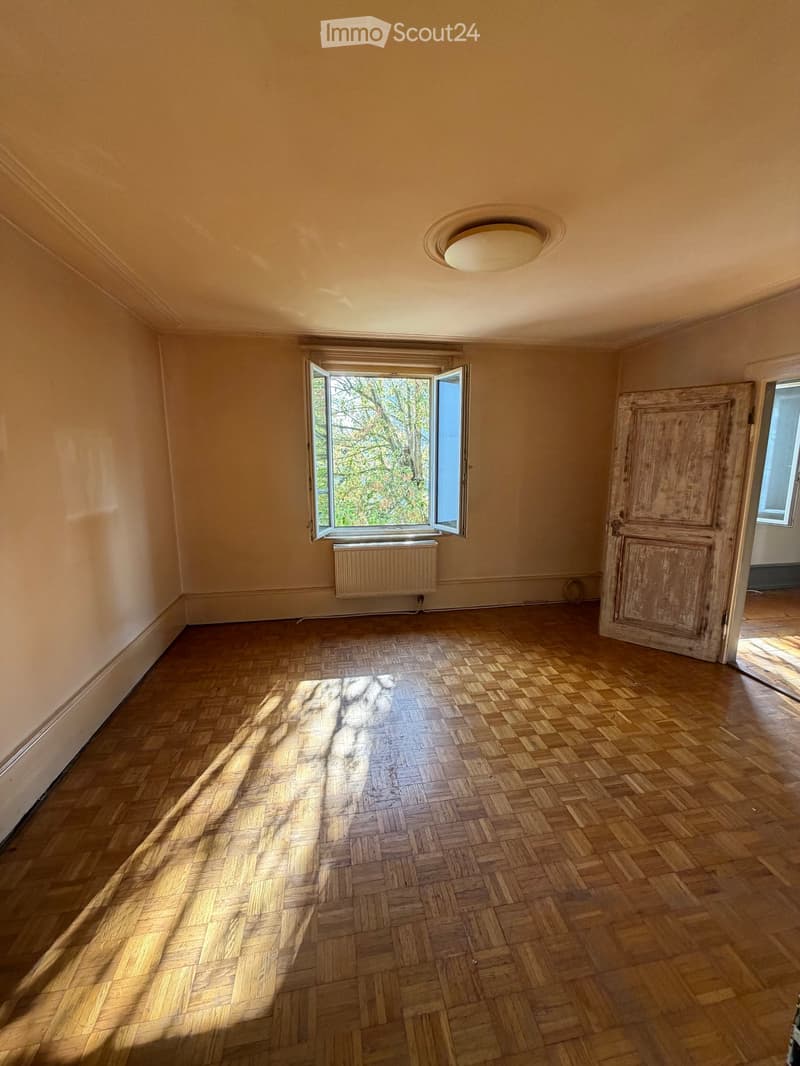Empty room with wooden parquet flooring, light-colored walls, a ceiling light fixture, an open window with a view of greenery, and a radiator below the window.