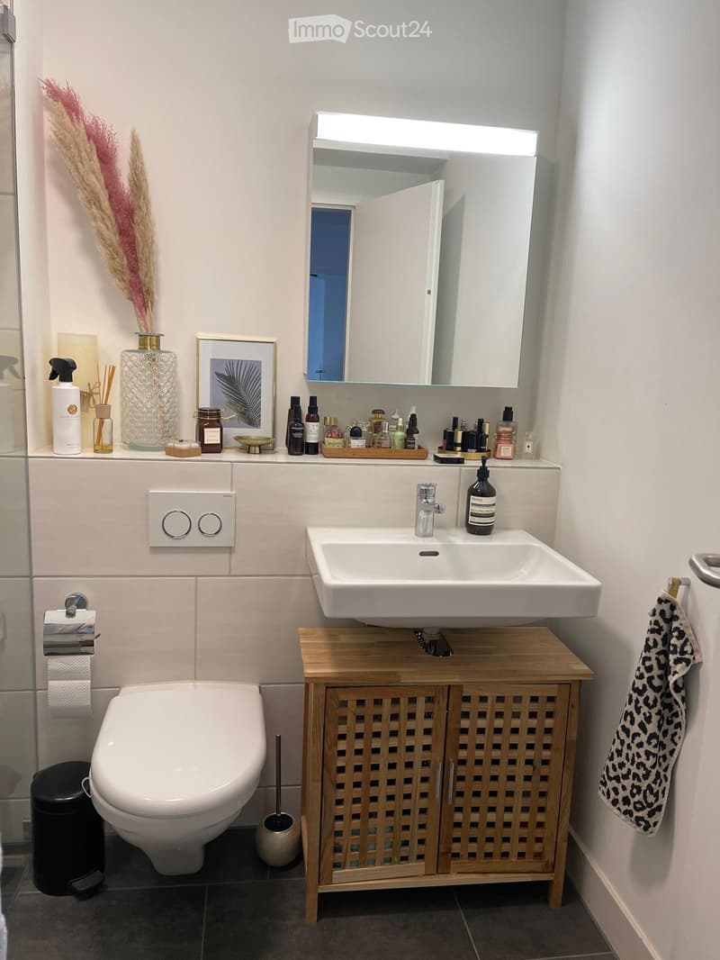 Modern bathroom with a white sink, wooden cabinet, toilet, mirror with built-in lighting, and decorative items on the counter.