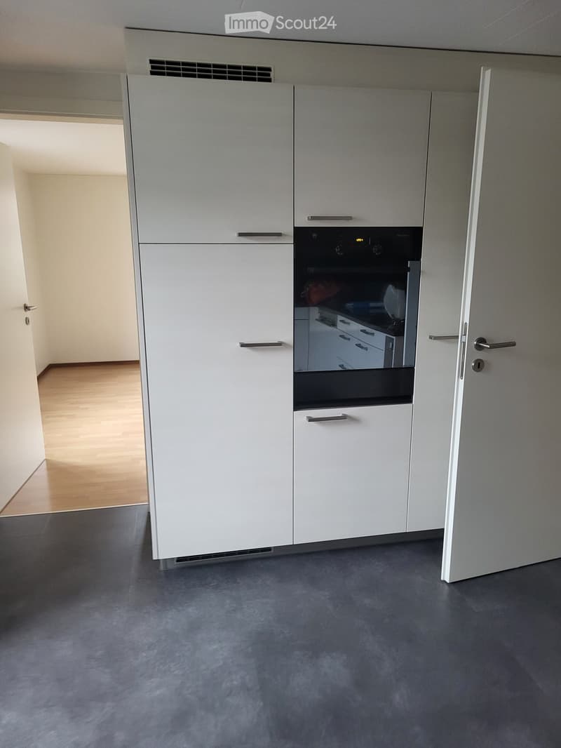 Modern kitchen with white cabinets, a built-in oven, and grey flooring.