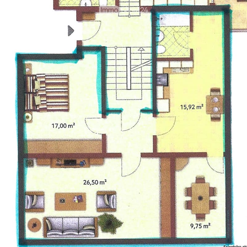 Floor plan of a 3-room apartment with a living room, dining area, and bedroom. Includes a hallway, bathroom, and small storage area.