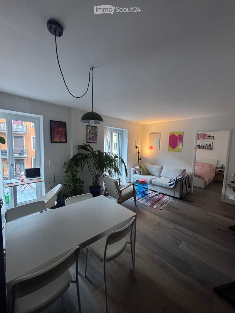 Bright living room with a sofa, chairs, dining table, laptop, and a large plant near the balcony.