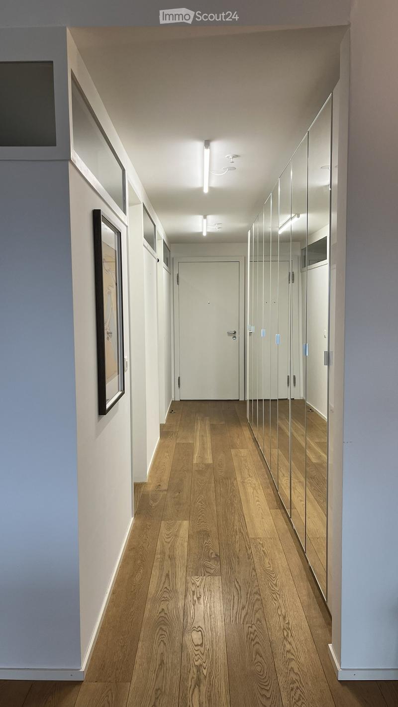 Modern hallway with light wooden flooring, white walls, and recessed lighting. Features a closed door at the end and a large mirror on one side.