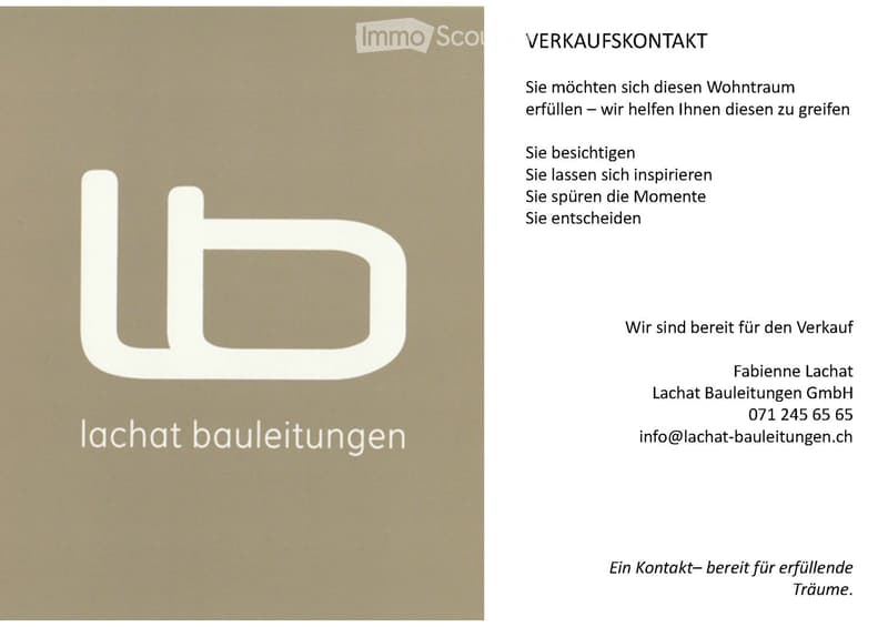 Promotional image for Lachat Bauleitungen GmbH, featuring a large logo and contact information for sales inquiries.