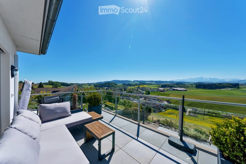 Balcony with a sofa, small wooden tables, and potted plants, offering a scenic countryside view.