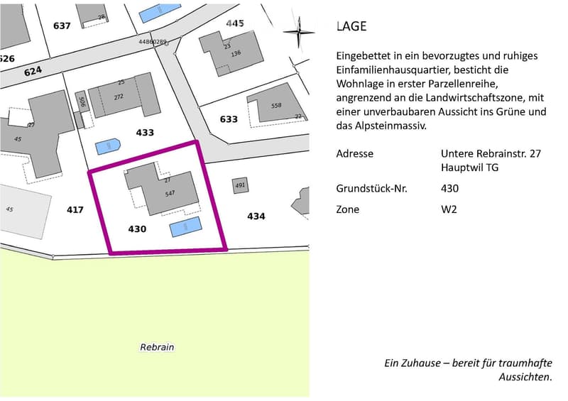 Floor plan of a residential plot with numbered parcels, highlighted property at 430, surrounded by neighboring plots and green areas.