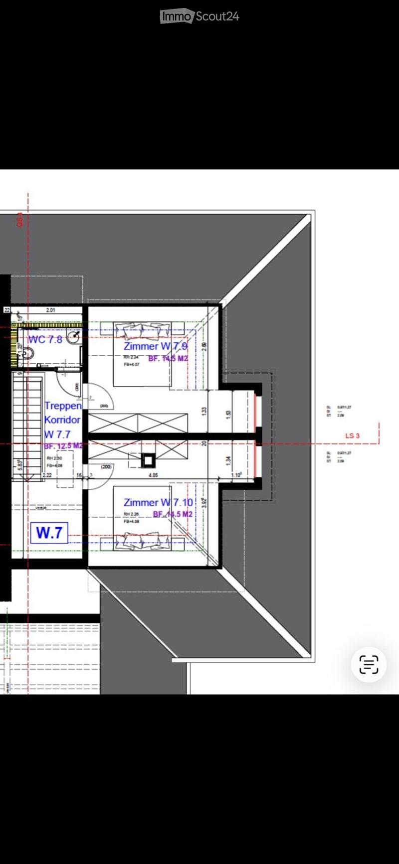 Floor plan showing a corridor, staircase, and two rooms labeled W.7 and W.7.10 with dimensions and room numbers indicated.