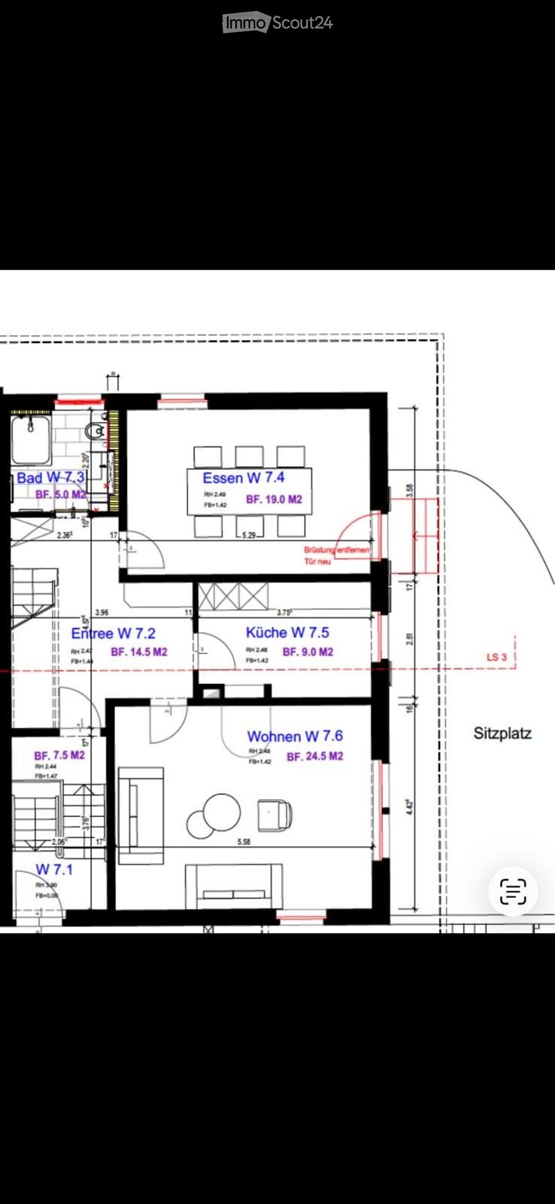 Floor plan of a residential space with labeled rooms including a kitchen, living area, dining area, bathroom, and entrance.