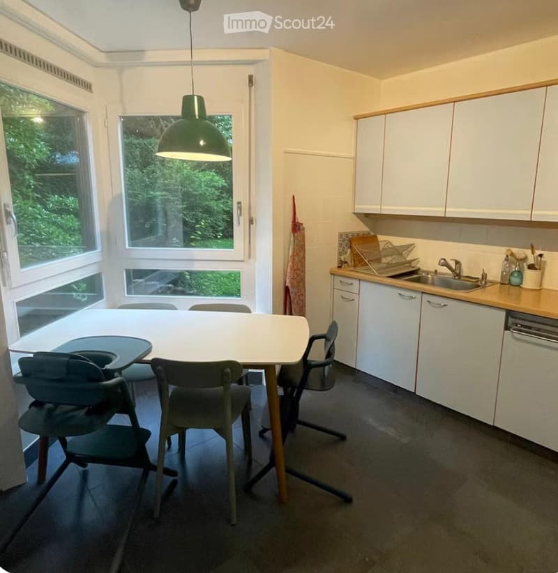 Bright kitchen and dining area with white cabinets, a central dining table with chairs, and a sink area with a faucet and dishwasher. Large windows provide natural light.