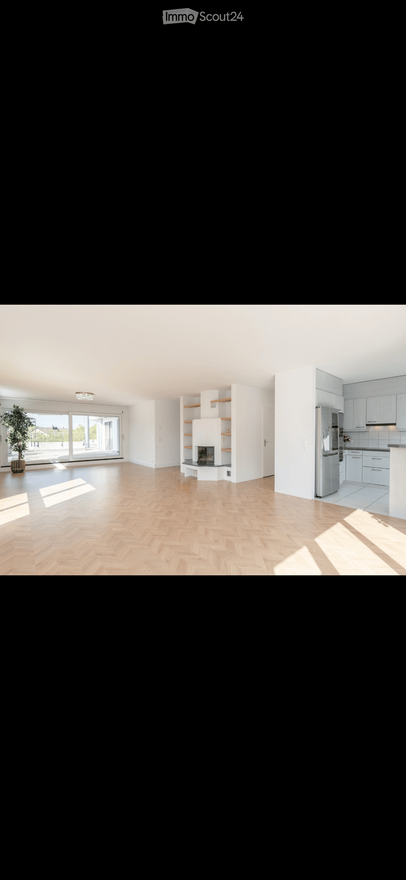 Open-plan living and dining area with herringbone wooden flooring, modern kitchen with stainless steel appliances, fireplace with built-in shelving, large sliding glass doors leading to a balcony, and a potted plant near the entrance.