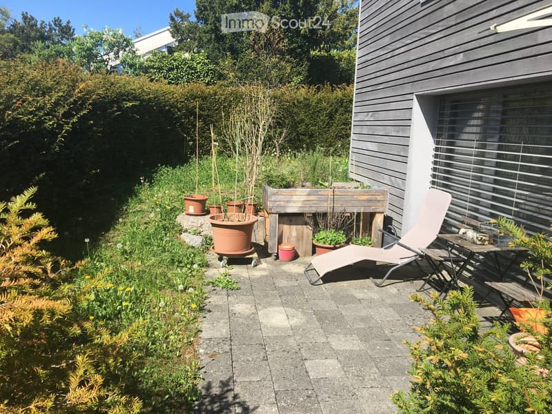 small patio garden with lawn, shrubs, and various potted plants; wooden chaise lounge and table with flower box
