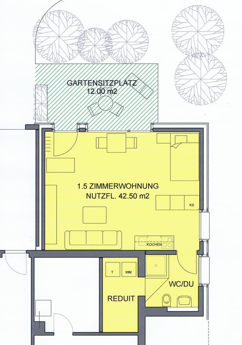 1.5 room apartment, kitchen, living room, bathroom, utility room, storage room, garden area