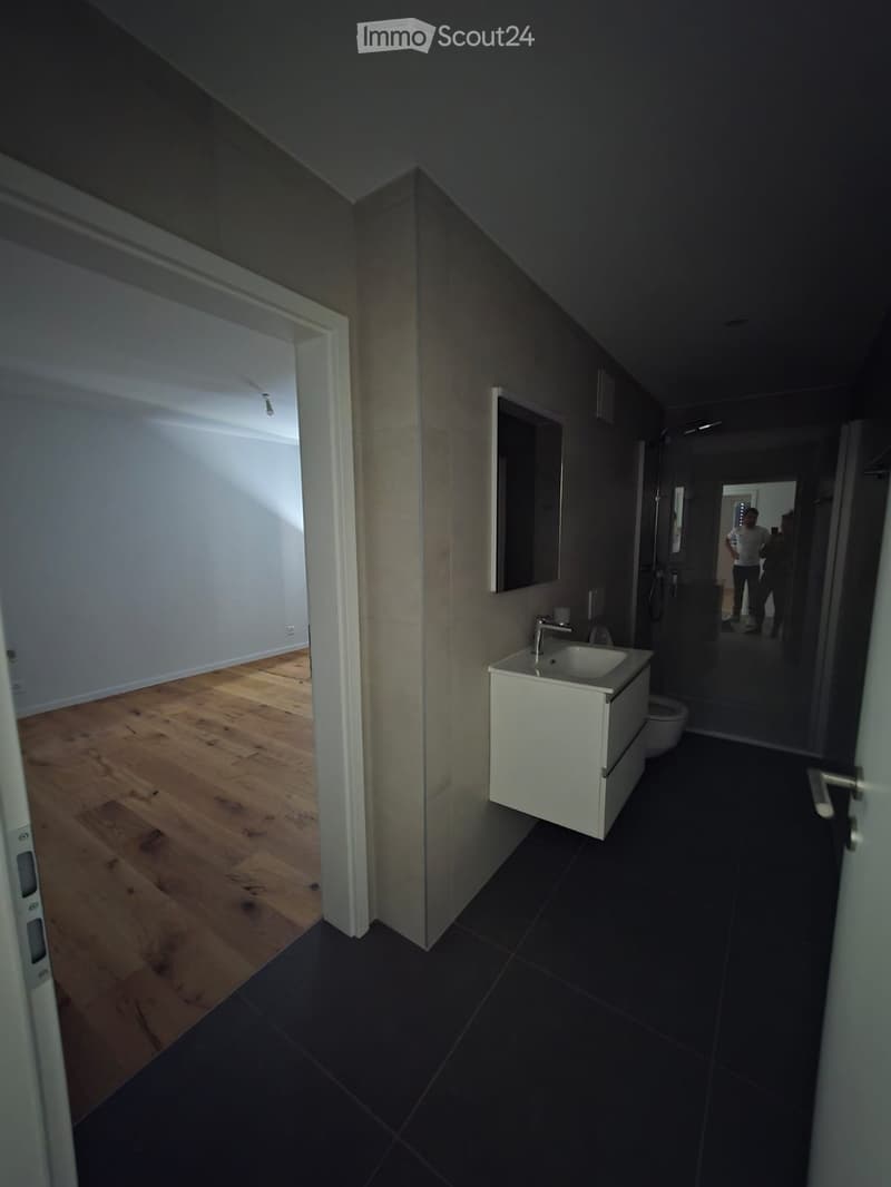Modern hallway with dark tiled floor, white walls, and a partially visible bathroom with a sink and toilet.