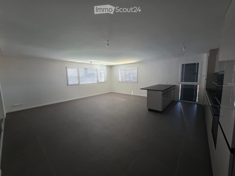 Empty room with dark tiled flooring, white walls, and several windows with white shutters. A small kitchen island is visible on the right side.