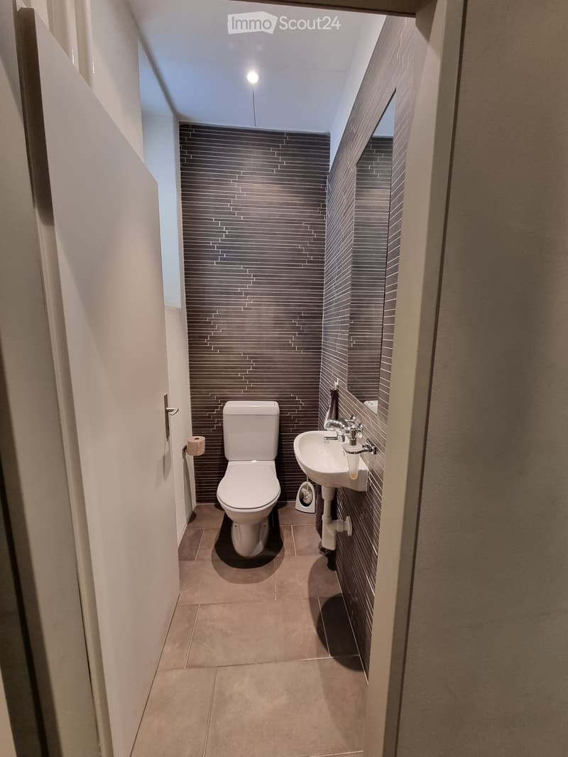 Modern bathroom with dark grey tiled walls, a toilet, a sink with a chrome faucet, and a toilet paper holder.