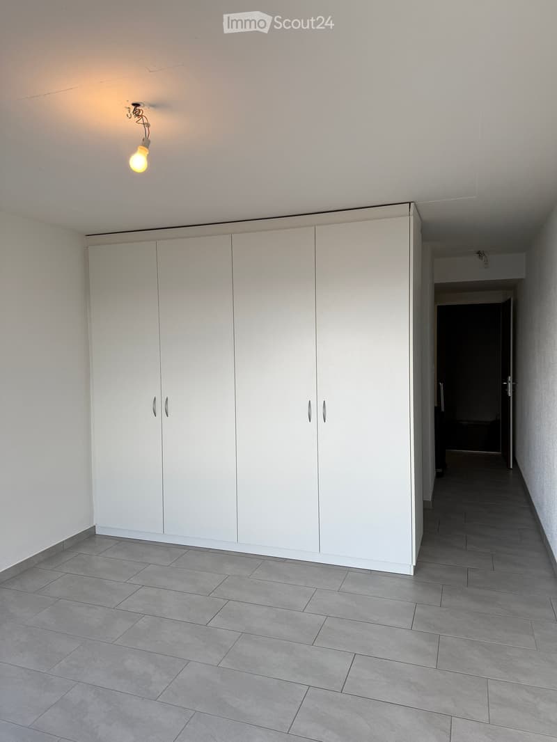 Empty room with white built-in wardrobes, grey tiled floor, and a single ceiling light fixture.