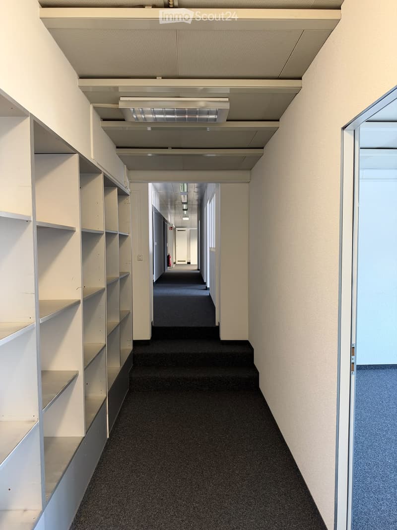 Clean, modern hallway with white walls, carpeted floor, and built-in shelving units on one side. The ceiling features recessed lighting and a ventilation system.