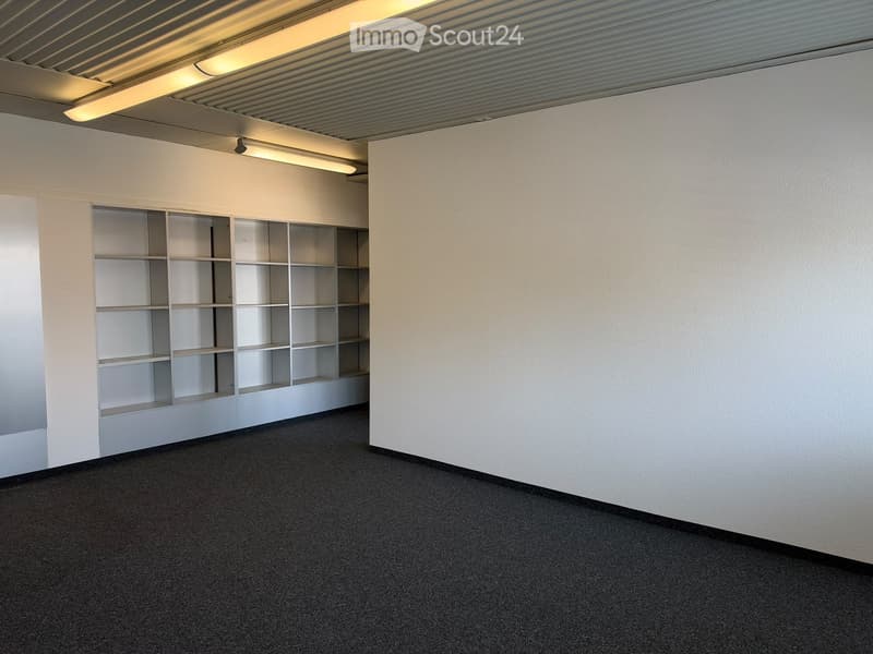 Empty room with white walls, carpeted floor, and built-in shelving unit along one wall.