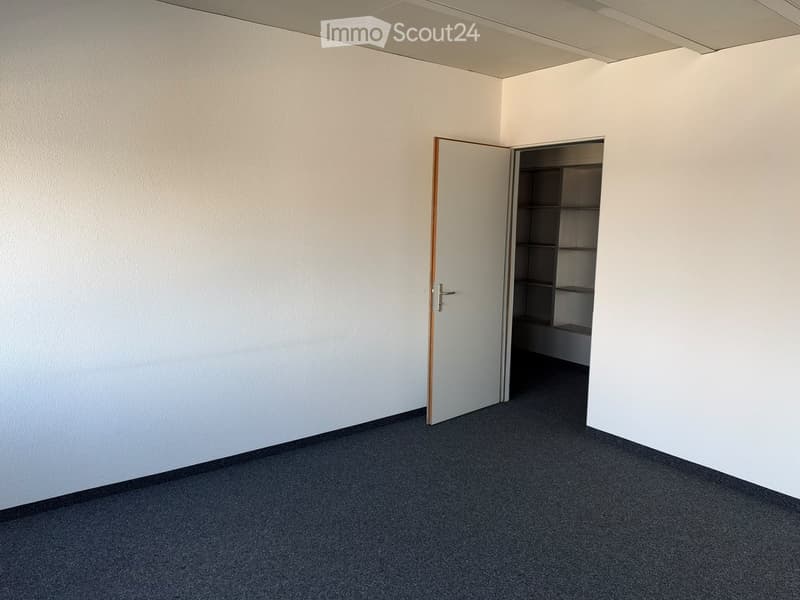 Empty room with white walls, grey carpeted floor, and an open door leading to a small closet with empty shelves.