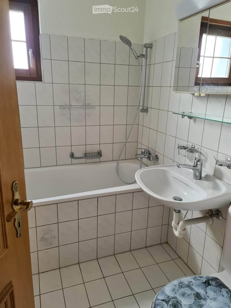 Bathroom with white tiled walls and floor, bathtub, sink, showerhead, mirror, and toilet.
