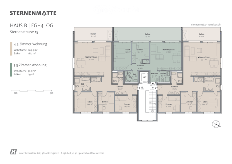 Floor plan of a 4-story building showing two apartment layouts: a 4.5-room apartment and a 3.5-room apartment, each with balconies.