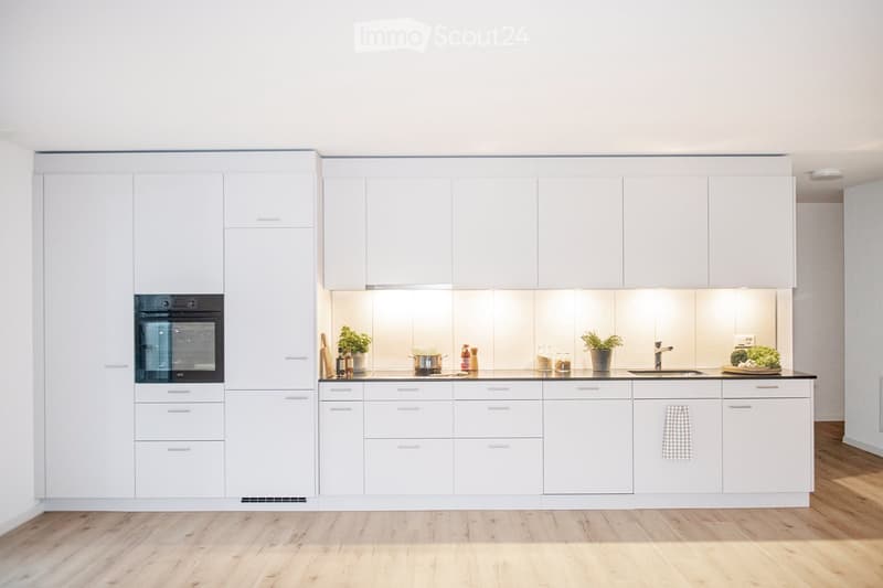 Modern kitchen with white cabinets, stainless steel appliances, and a black countertop. Features an oven, sink, and various kitchen items including potted plants and a cutting board.