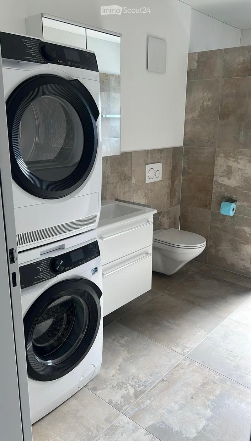 Modern bathroom with a washing machine, toilet, sink, and cabinet. The walls are tiled in a dark brown color, and the floor is made of light-colored tiles.