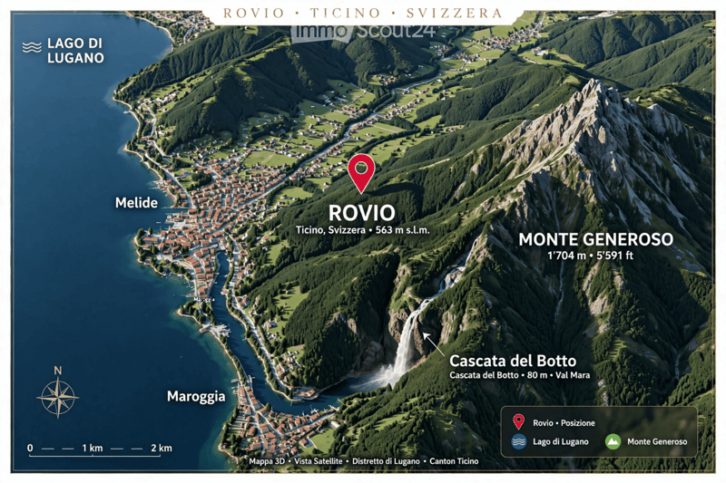 Aerial view of the town of Rovio in Ticino, Switzerland, near Lake Lugano, surrounded by green hills and Monte Generoso.