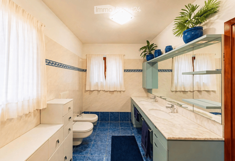 Bright bathroom with blue tiles, white cabinets, a sink, a toilet, and a potted plant on the windowsill.