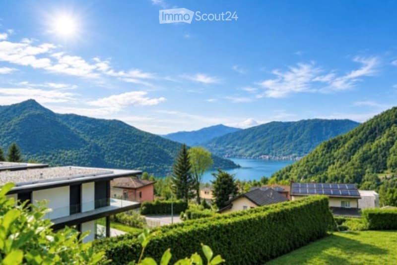 A scenic outdoor view of a house with a balcony overlooking a lake and surrounding mountains, with lush greenery and solar panels on nearby roofs.