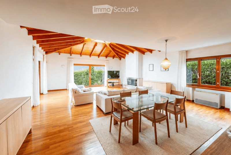 Bright living room with wooden floors, large windows, a glass dining table with chairs, a sofa, and a television. The room features a fireplace and a hanging light fixture.