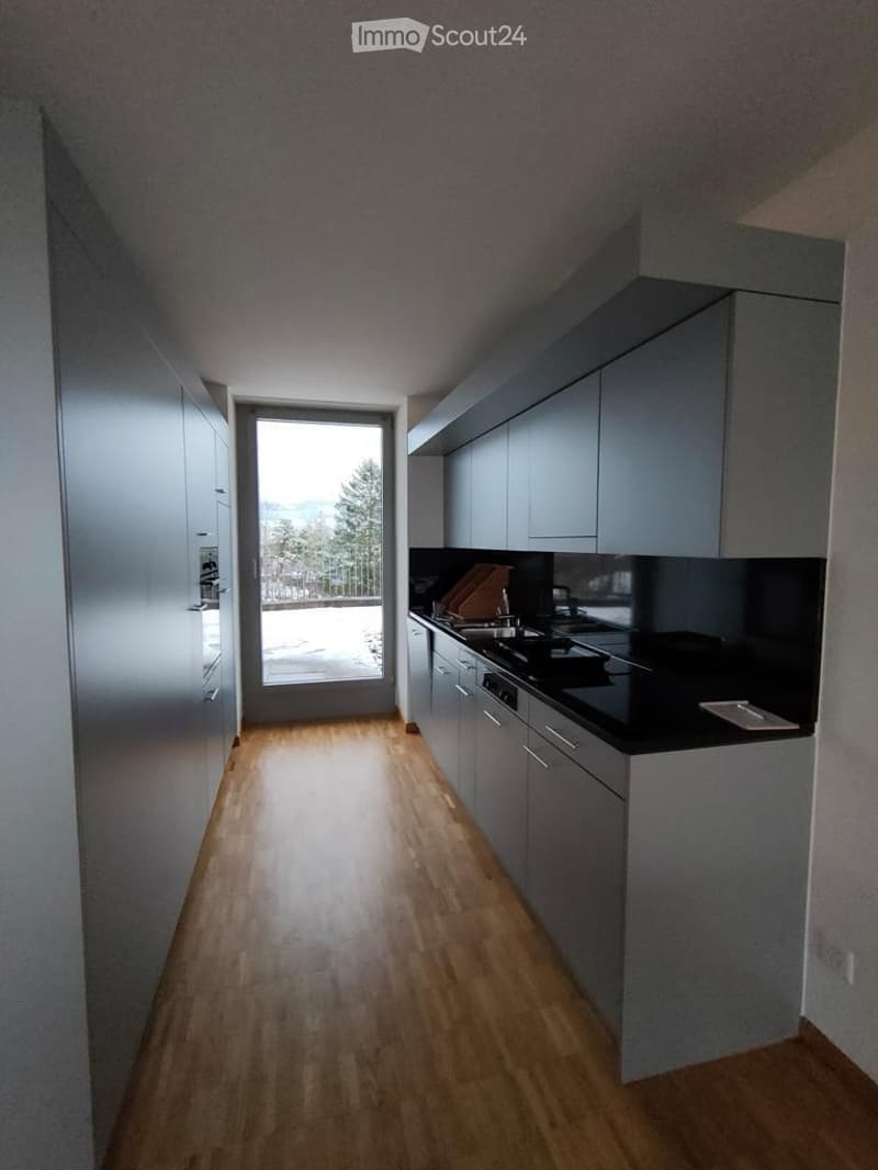 Modern kitchen with grey cabinets, black countertop, and a large window offering a scenic view of the snow-covered landscape.