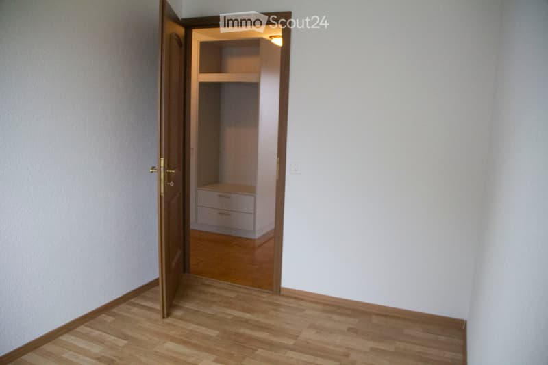 Empty room with light-colored walls and wooden flooring, featuring an open closet with built-in shelves and drawers.