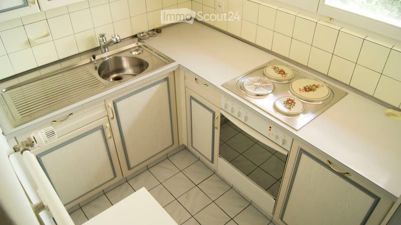 Compact kitchen with white cabinets, stainless steel sink, electric stove, and decorative plates on the counter.