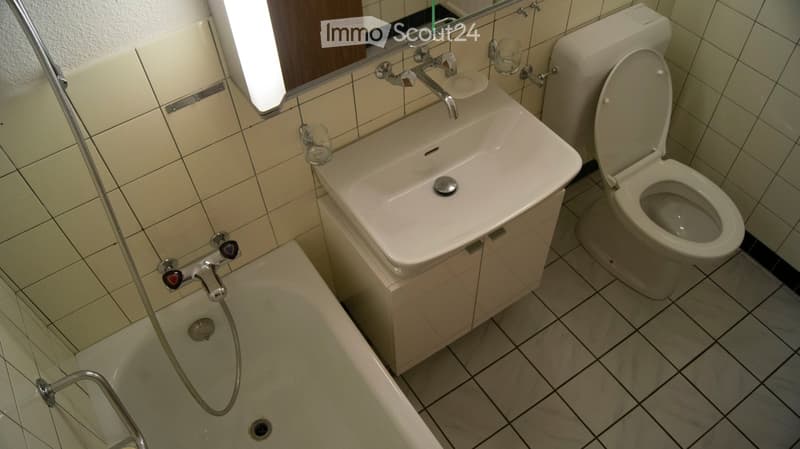 Bathroom with a white sink, toilet, bathtub, and mirror. The sink has a modern faucet and a small cabinet underneath. The bathtub has a handheld showerhead attached to the wall.