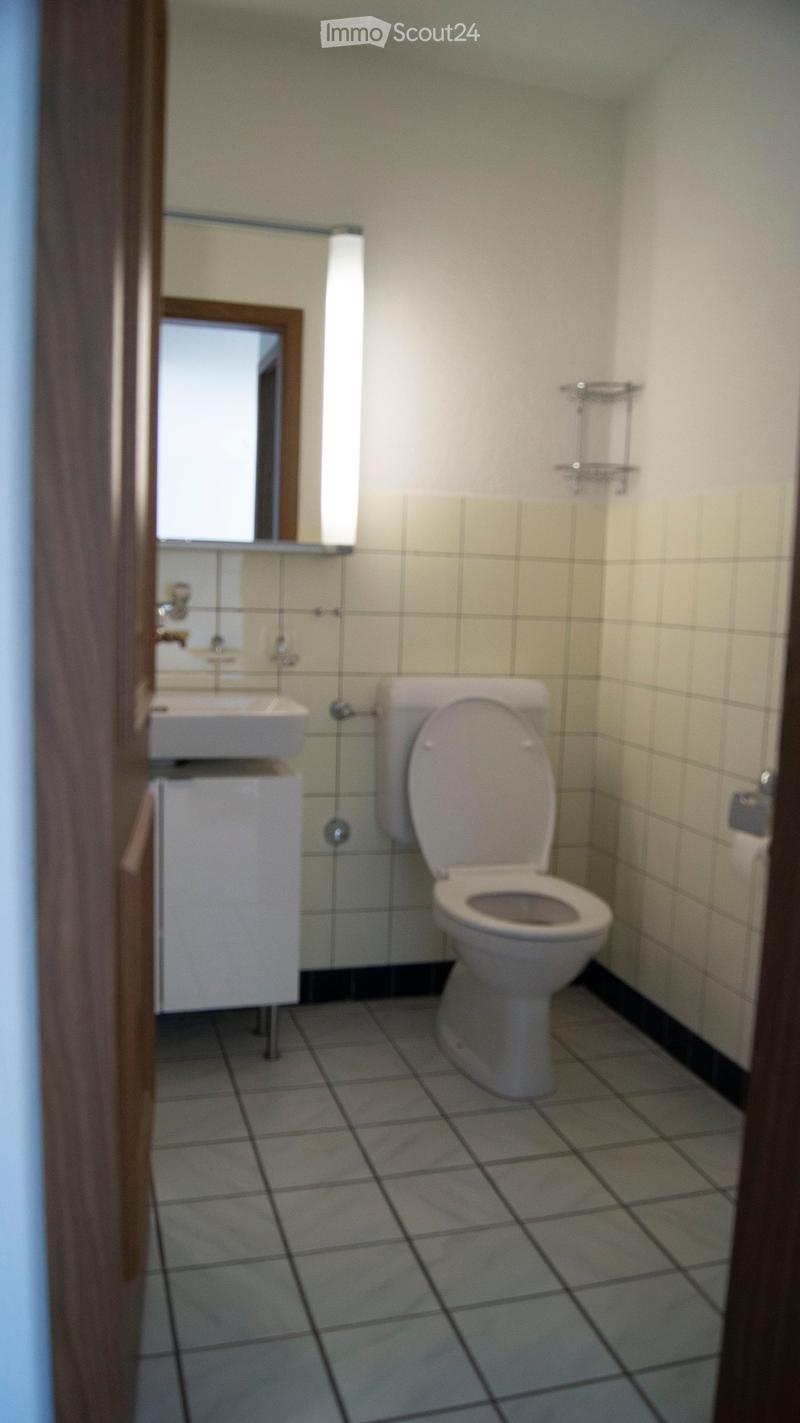Small bathroom with tiled walls and floor, featuring a toilet, sink, mirror, and cabinet.