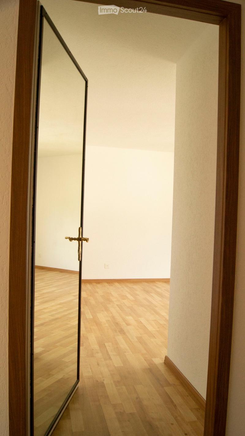 Empty hallway with wooden flooring and white walls, viewed through a glass door with a metal frame.