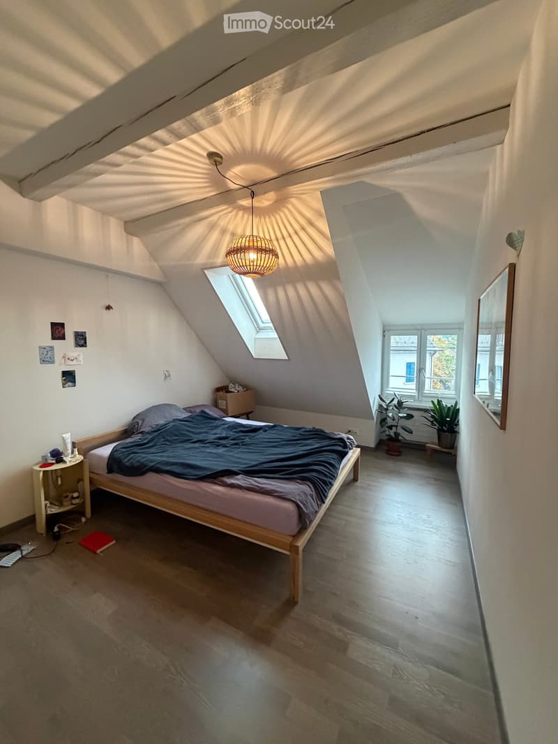 Cozy attic bedroom with slanted ceilings, wooden floor, large window, skylight, bed with dark blue duvet, nightstand, mirror, potted plants, and artwork on walls.