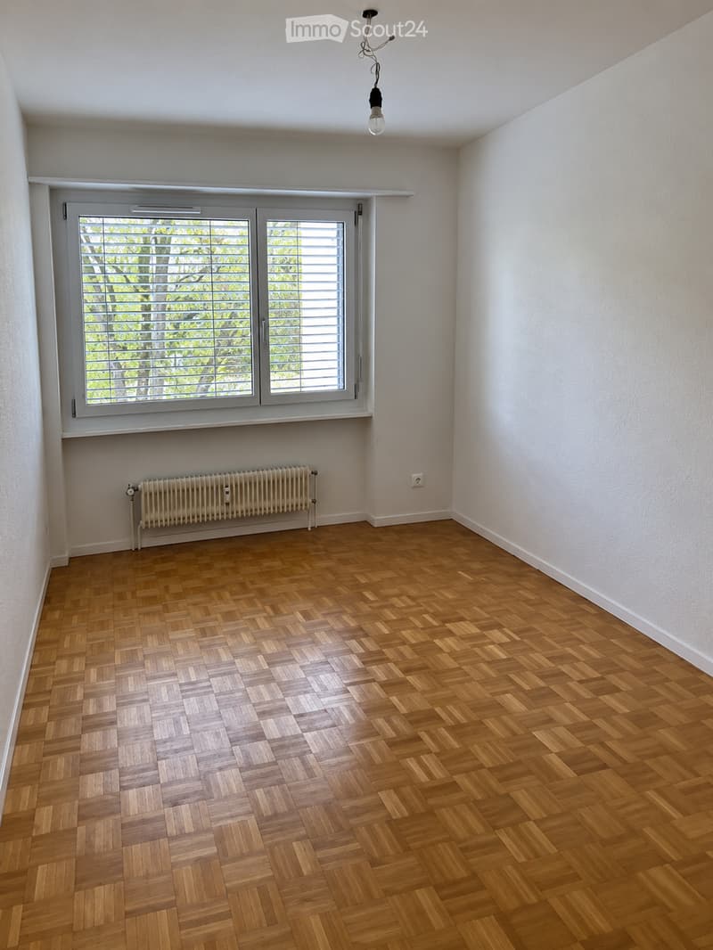 Empty room with wooden herringbone flooring, white walls, a window with blinds, a radiator, and a single light fixture on the ceiling.
