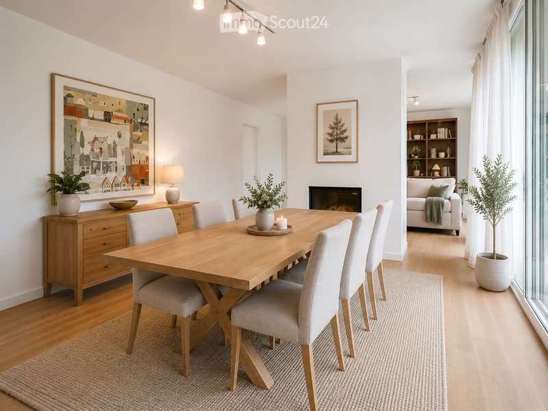 Modern dining area with a wooden dining table, six chairs, a sofa, fireplace, and decorative elements including lamps and artwork.