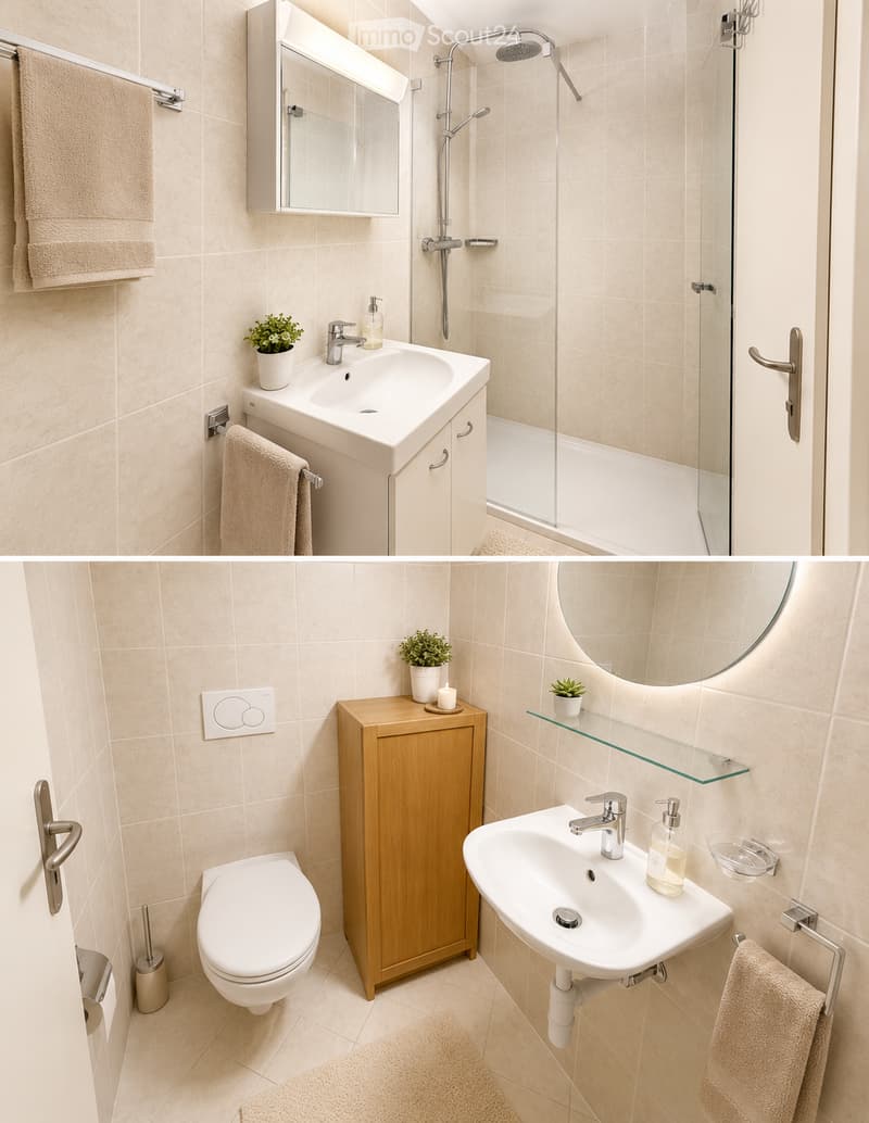 Modern bathroom with beige tiles, a sink with a modern faucet, a mirror, a wooden cabinet, a toilet, a shower area with glass enclosure, and decorative plants on the sink and shelf.