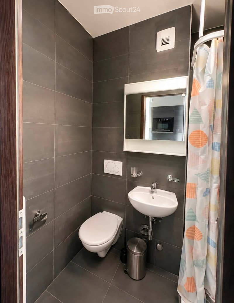 Compact bathroom with dark gray tiles, white toilet, sink, mirror, and a colorful shower curtain.