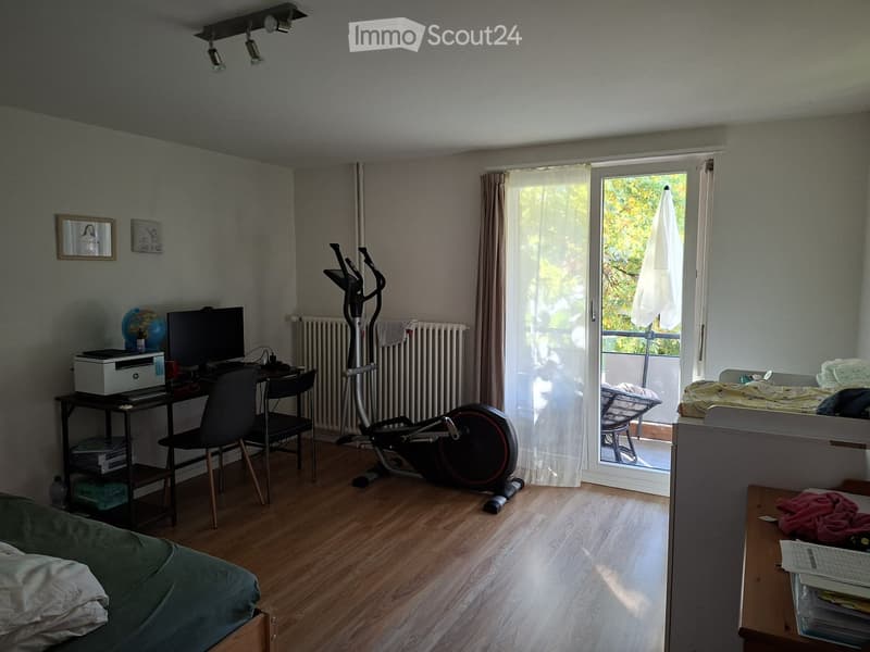 Well-lit room with wooden flooring, a sofa, desk with a printer and screen, exercise bike, radiator, and a balcony with outdoor furniture visible through the sliding glass door.