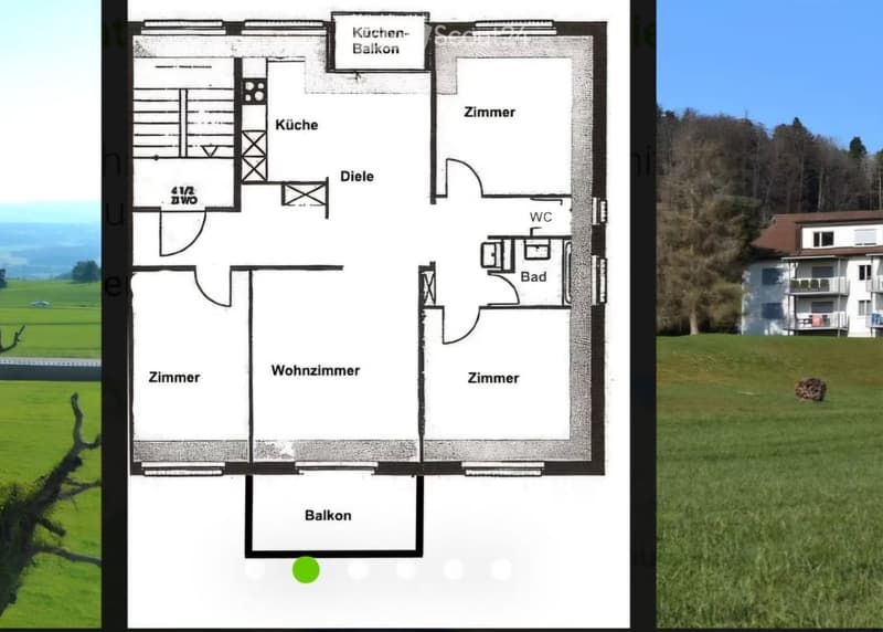 Floor plan of a 4-room apartment with a kitchen, living room, two bedrooms, bathroom, and balcony.