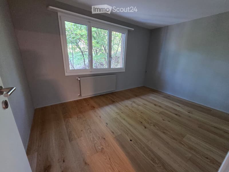 Empty room with wooden flooring, light grey walls, and a large window with white frames. A radiator is visible below the window, and a door is on the left side.