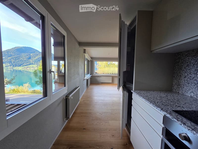 Bright hallway with wooden flooring, large windows offering scenic views of a lake and mountains, radiator, and an open kitchen area with granite countertops and white cabinets.