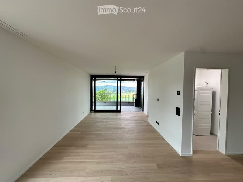 Bright, empty hallway with light wooden flooring, white walls, and a large sliding glass door leading to a balcony with a scenic view.