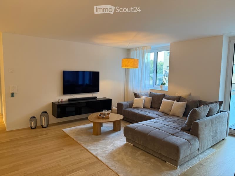 Modern living room with a grey sectional sofa, wooden coffee table, flat-screen TV on a black stand, floor lamp, and decorative vases.