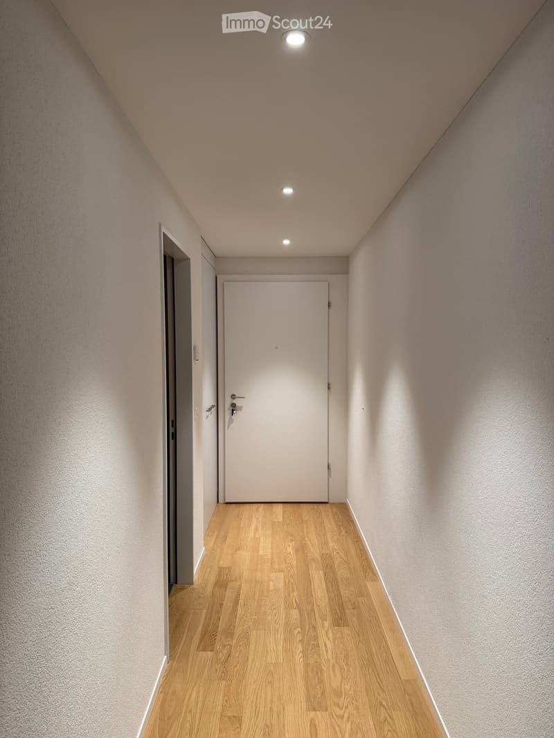 Modern hallway with light wooden flooring, white walls, and recessed ceiling lighting. Features a closed white door at the end and an open doorway on the left.