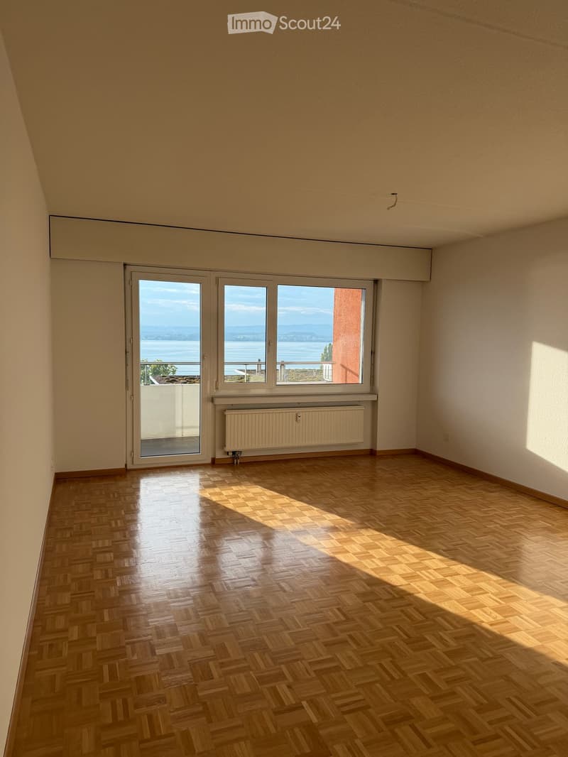 Empty room with wooden parquet flooring, large windows offering a scenic view, and a radiator below the windows.